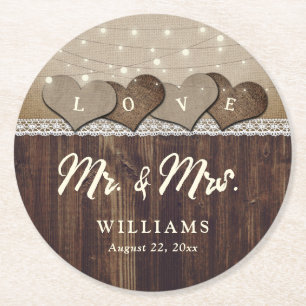 Dessous-de-verre Rond En Papier Rustic Country Wood M. et Mme Mariage