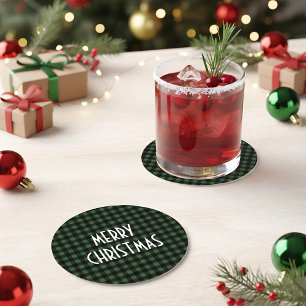 Dessous-de-verre Rond En Papier Rustic Green & Black Buffalo Plaid Joyeux Noël
