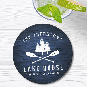 Dessous-de-verre Rond En Papier Rustic Lake House Bateau Arbres Bois Bleu Imprimer