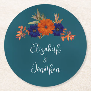 Dessous-de-verre Rond En Papier Rustique Automne Orange Navy Bleu Floral Mariage
