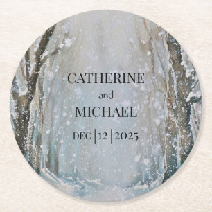 Dessous-de-verre Rond En Papier Rustique Dusty Blue Winter Forest Mariage d'aquare