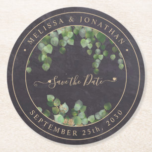 Dessous-de-verre Rond En Papier Rustique Verdure Mariage Or Enregistrer La Date