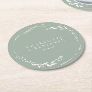 Dessous-de-verre Rond En Papier Sage Green Floral Wreath Monogramme personnalisé