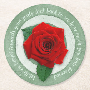 Dessous-de-verre Rond En Papier Sage Vert avec Citation Inspirante de Rose Rouge