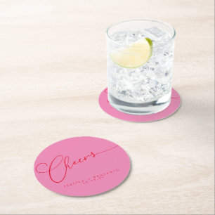 Dessous-de-verre Rond En Papier Salutations minimal rose rouge Script personnalisé