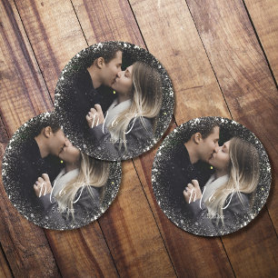 Dessous-de-verre Rond En Papier sauver la date étincelles blanches photo de couple