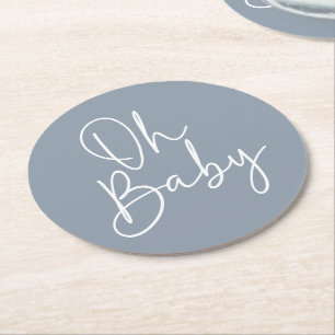 Dessous-de-verre Rond En Papier Script moderne Bleu Oh Baby Baby shower simple