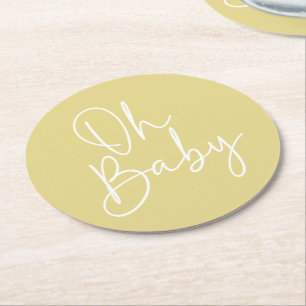 Dessous-de-verre Rond En Papier Script moderne Jaune Oh Baby Baby shower simple