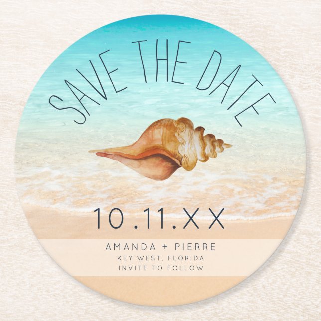 Dessous-de-verre Rond En Papier Seashell Beach Wedding Enregistrer la date (Devant)