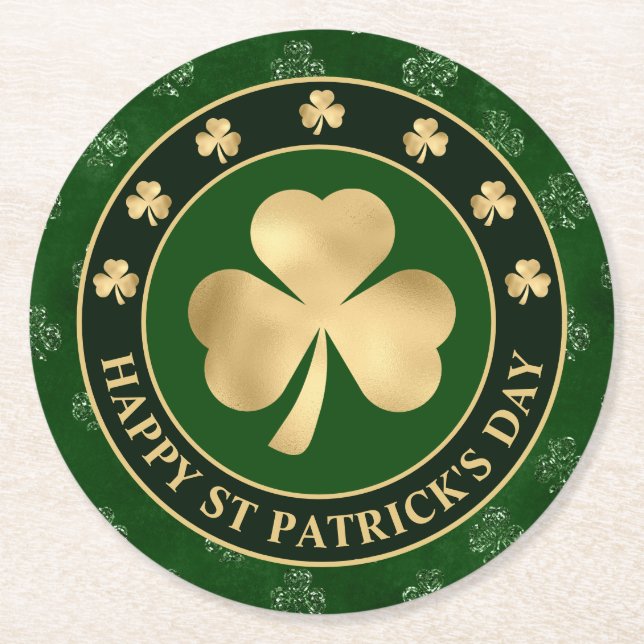 Dessous-de-verre Rond En Papier Shamrock vert et or Clover St Patrick's Day (Devant)