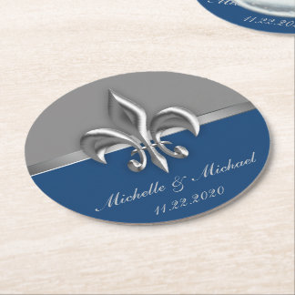 Dessous-de-verre Rond En Papier Silver Fleur de Lis bleu