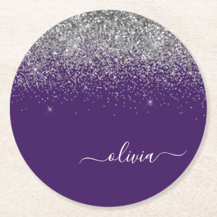 Dessous-de-verre Rond En Papier Silver Purple Parties scintillant Girl Monogramme