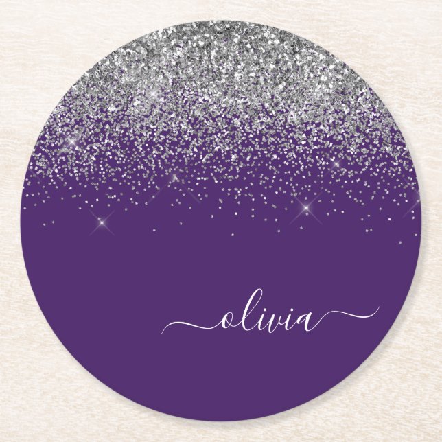 Dessous-de-verre Rond En Papier Silver Purple Parties scintillant Girl Monogramme  (Devant)