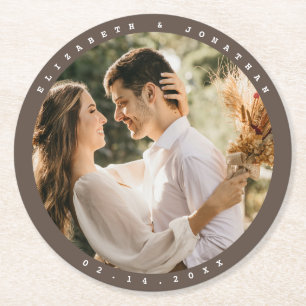 Dessous-de-verre Rond En Papier Simple Elegant Beige Brown Neutre Mariage Photo