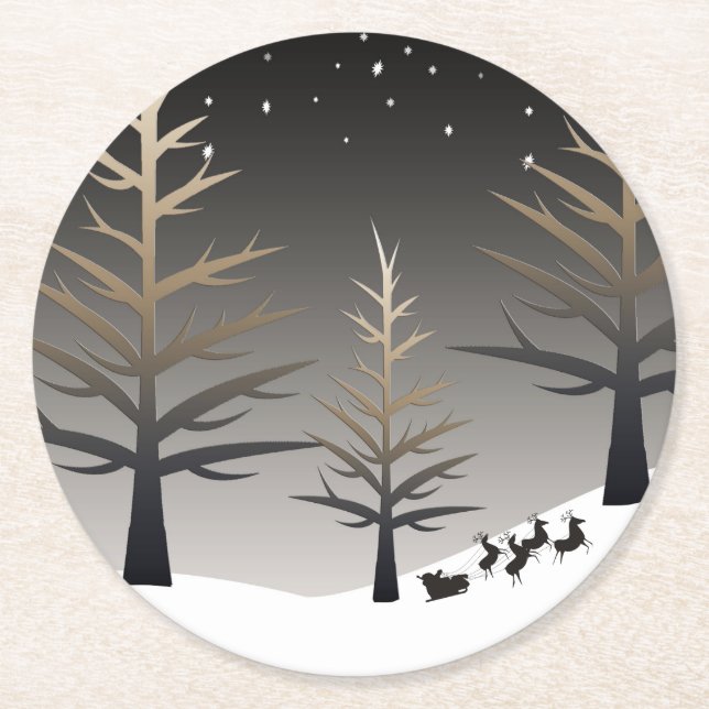 Dessous-de-verre Rond En Papier Sleigh de Père Noël et silhouette d'arbre (Devant)