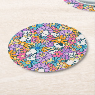 Dessous-de-verre Rond En Papier Snoopy & Motif de fleurs de bois