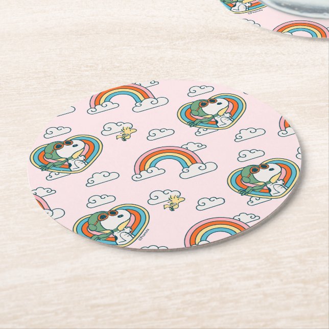 Dessous-de-verre Rond En Papier Snoopy & Woodstock Rainbow Heart Motif (Incliné)
