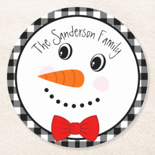 Dessous-de-verre Rond En Papier Snowman avec Red Bowtie Black Buffalo Plaid Trier