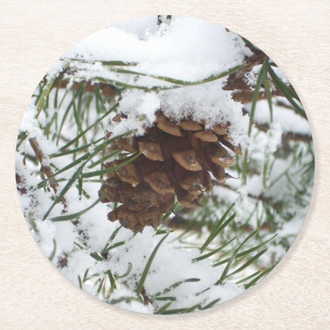 Dessous-de-verre Rond En Papier Snowy Pine Cone I (Devant)