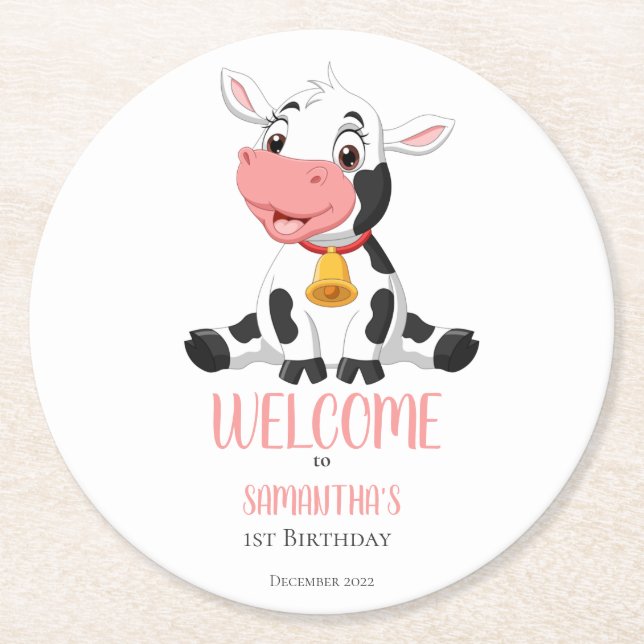 Dessous-de-verre Rond En Papier Soirée d'anniversaire de la vache caricaturale (Devant)