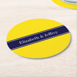 Dessous-de-verre Rond En Papier Solid Yellow, Navy Blue Ribbon Monogram