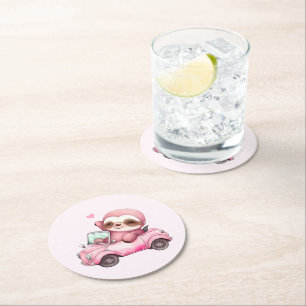 Dessous-de-verre Rond En Papier Sourire rose Sloth conduisant une convertible