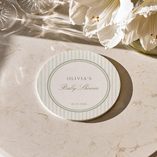 Dessous-de-verre Rond En Papier Sous-verres rayés vert sauge pour Baby Shower Prép