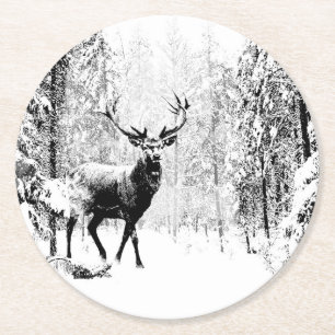 Dessous-de-verre Rond En Papier Stade Deer Winter Forest Faune Animal Nature art