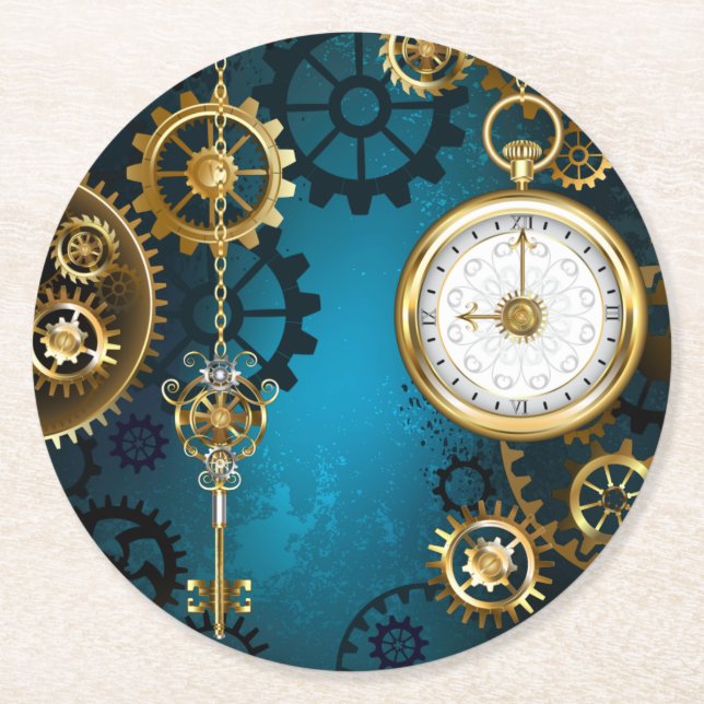 Dessous-de-verre Rond En Papier Steampunk Arrière - plan turquoise avec Gears (Devant)