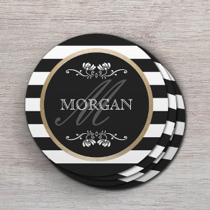 Dessous-de-verre Rond En Papier Stripes modernes Gold Bordure Nom de famille