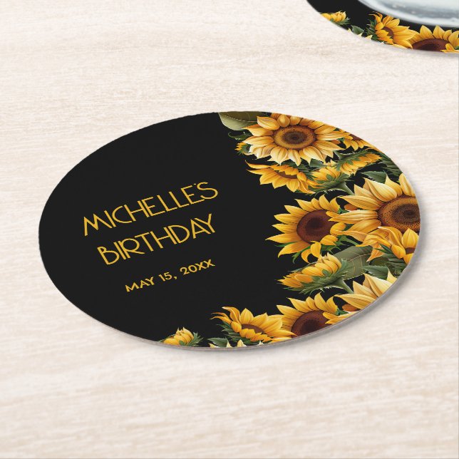 Dessous-de-verre Rond En Papier Sunflower Black Rustic Nom élégant Anniversaire (Incliné)