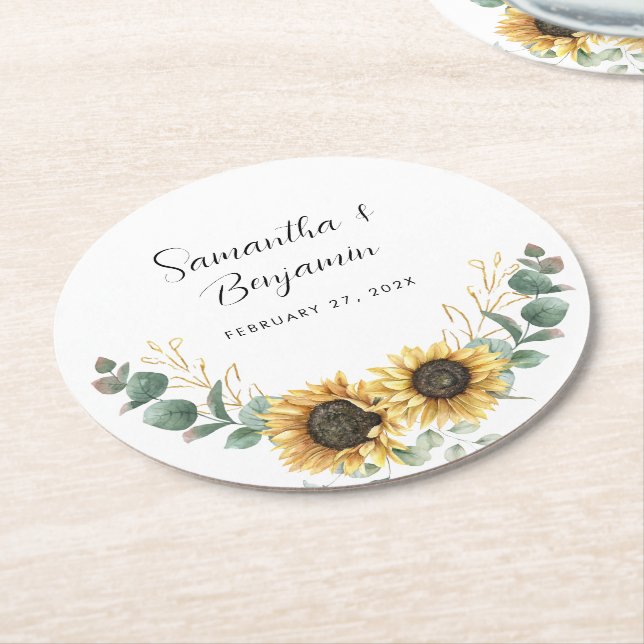 Dessous-de-verre Rond En Papier Sunflower Eucalyptus Mariage Faveur (Incliné)