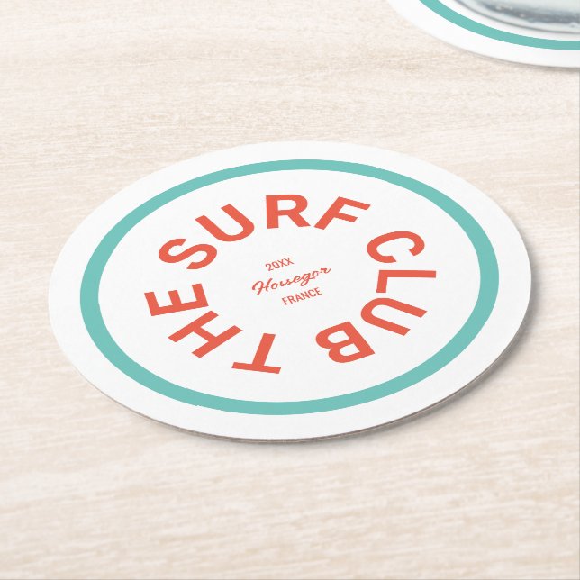 Dessous-de-verre Rond En Papier Surf Club Blue Crest Turquoise Stripe (Incliné)