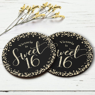 Dessous-de-verre Rond En Papier Sweet 16 Black Gold Parties scintillant Confetti C