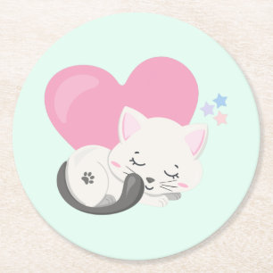 Dessous-de-verre Rond En Papier Sweet Kitty Chat Dormir avec un grand coeur rose
