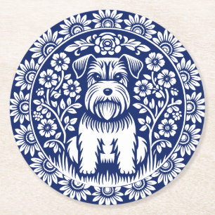 Dessous-de-verre Rond En Papier Sweet Terrier Chiot bleu et blanc Vintage Floral