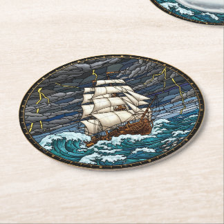 Dessous-de-verre Rond En Papier Tapisserie de navire vintage, mer démontée, nautiq