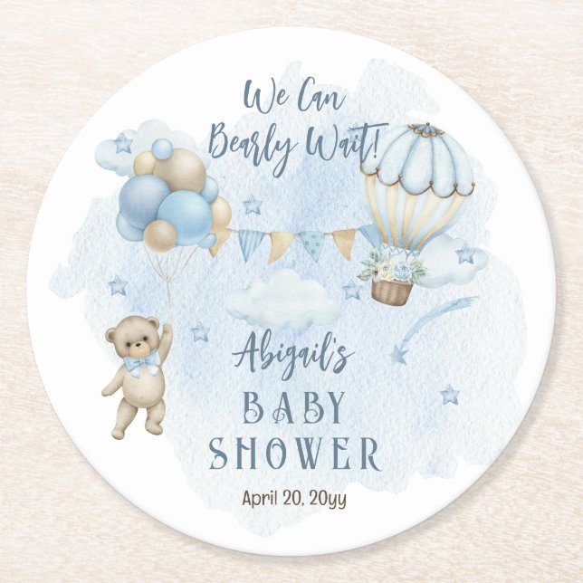 Dessous-de-verre Rond En Papier Teddy Bear Balloons Garçon Bearly Wait Baby shower (Devant)