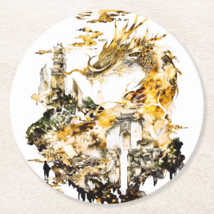 Dessous-de-verre Rond En Papier Temple de dragon de mythologie asiatique majestueu