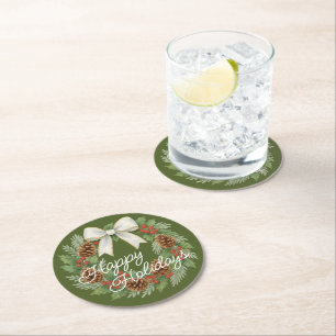 Dessous-de-verre Rond En Papier Terrain Décembre Classé Avec Vacances Bow Blanc