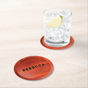 Dessous-de-verre Rond En Papier Texture en bois de cerisier monogramme personnalis