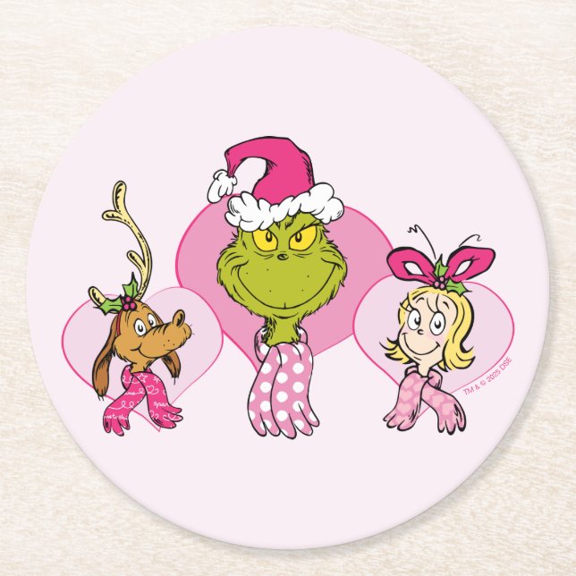 Dessous-de-verre Rond En Papier The Grinch Crew in Pink Valentine's Portrait (Devant)