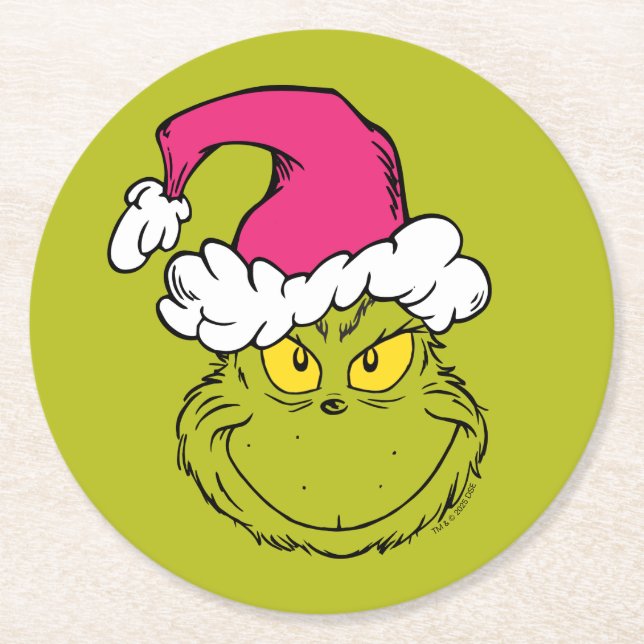 Dessous-de-verre Rond En Papier The Grinch in Pink Santa Hat (Devant)