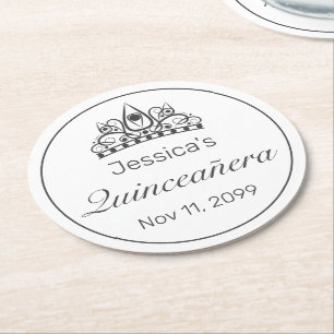 Dessous-de-verre Rond En Papier Tiara Moderne Minimaliste Blanc Noir Quinceanera