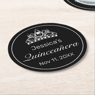 Dessous-de-verre Rond En Papier Tiara Moderne Minimaliste Blanc Noir Quinceanera