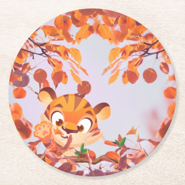 Dessous-de-verre Rond En Papier Tigre à l'intérieur des Feuilles volants à l'autom (Devant)