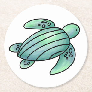 Dessous-de-verre Rond En Papier tortue de mer peinte à l'aquarelle dessin animé bl