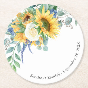 Dessous-de-verre Rond En Papier Tournesols rustiques et Mariage Floral Rose