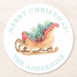 Dessous-de-verre Rond En Papier Traîneau Pin Floral Blanc Joyeux Noël