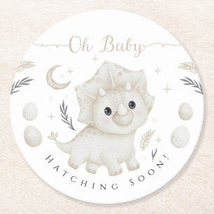 Dessous-de-verre Rond En Papier Triceratops Fête de Naissance Bébé Dinosaure Neutr